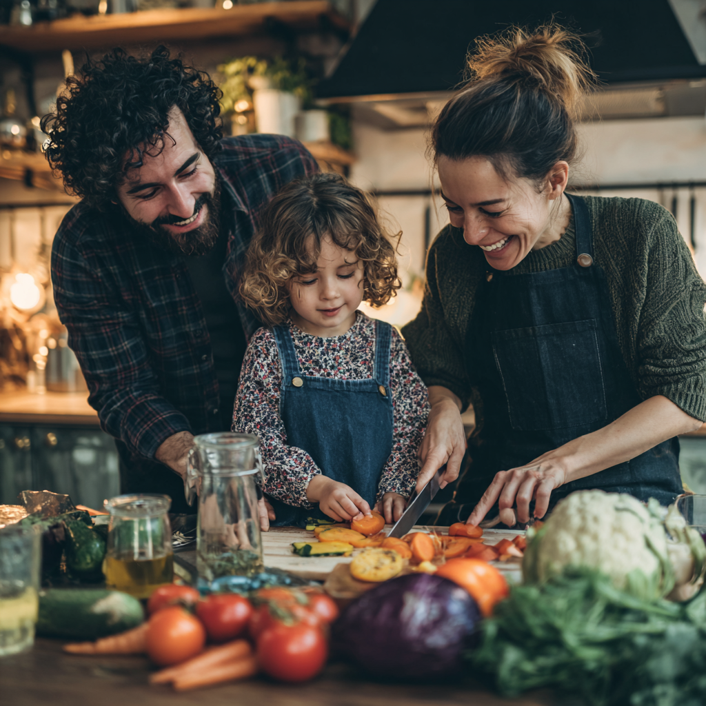 Дієтолог європейського вигляду середнього віку працює з таблицями харчування та свіжими продуктами, усміхаючись у сучасному офісі